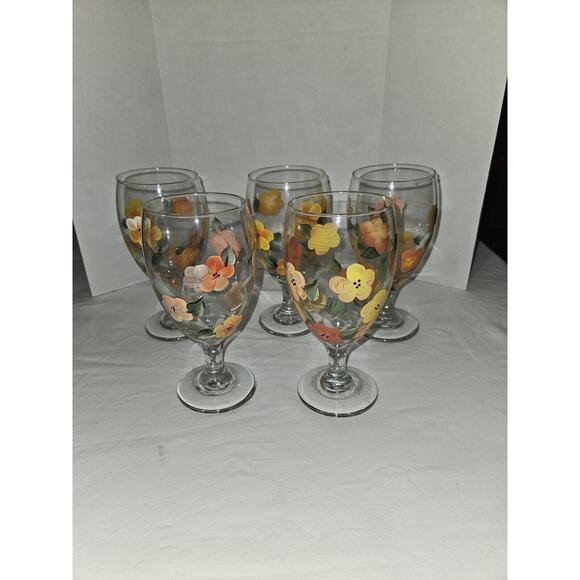 5 Hand Painted Floral Wine Glasses - Picture 1 of 7